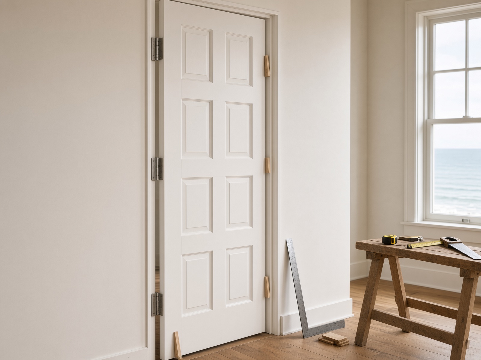 A white interior door hung in a hallway