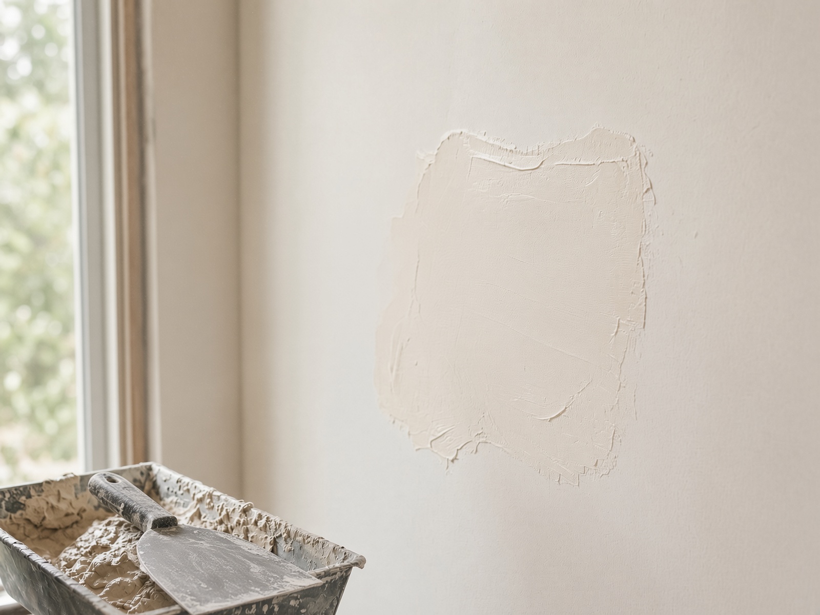 Freshly smoothed joint compound on an interior wall