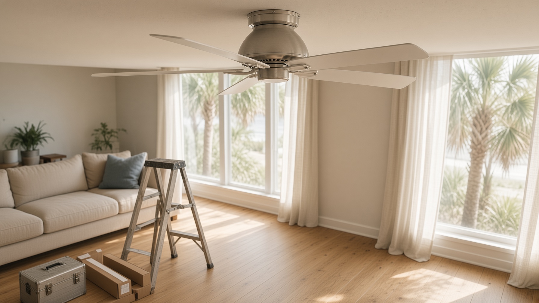 A sunlit Myrtle Beach living room with a newly installed ceiling fan
