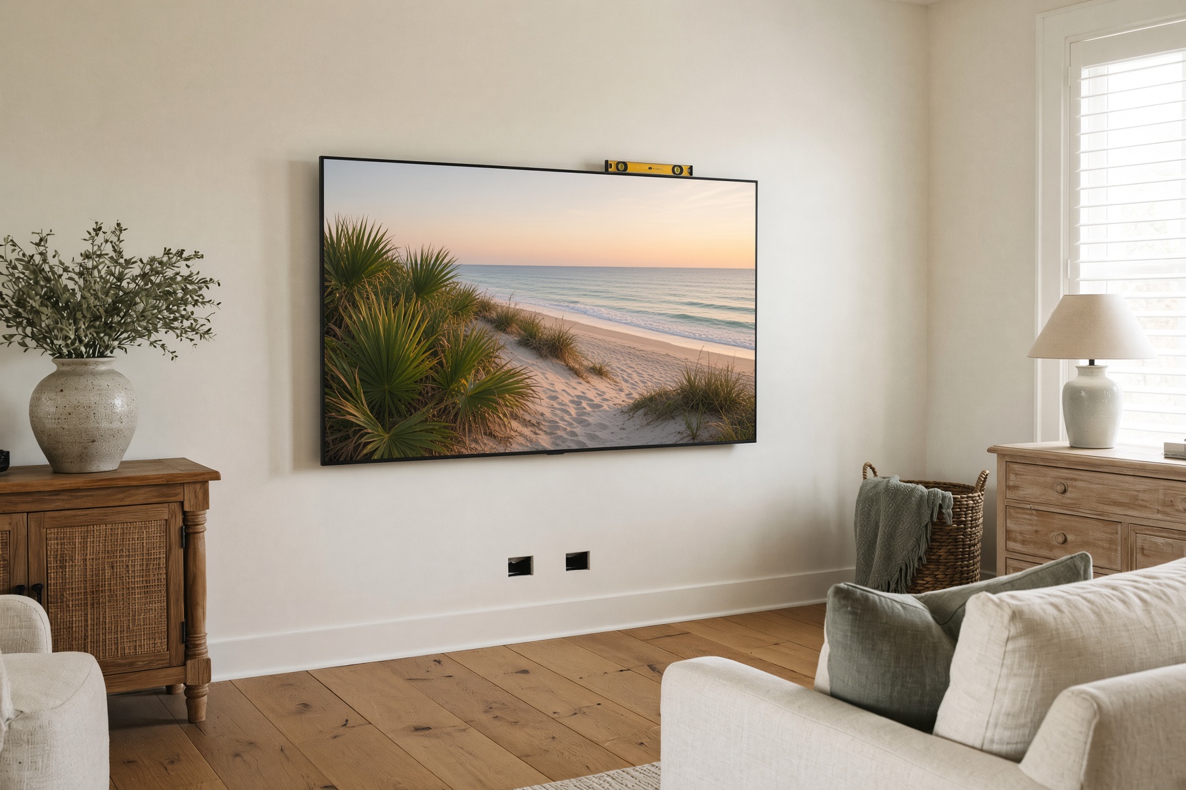 Television mounted flush on a cream living-room wall