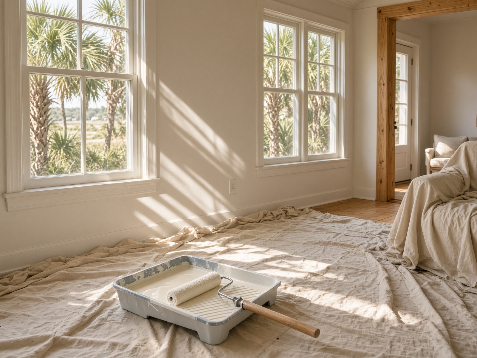 Freshly painted coastal living room with a roller and drop cloths