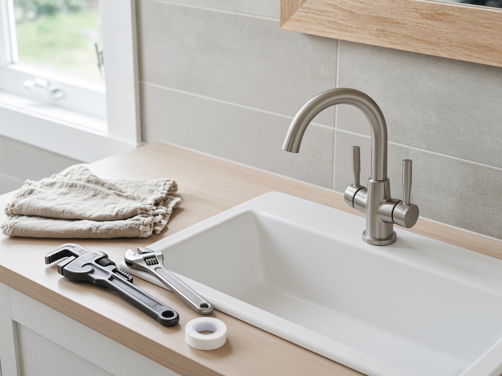 A brushed-nickel faucet on a bathroom vanity