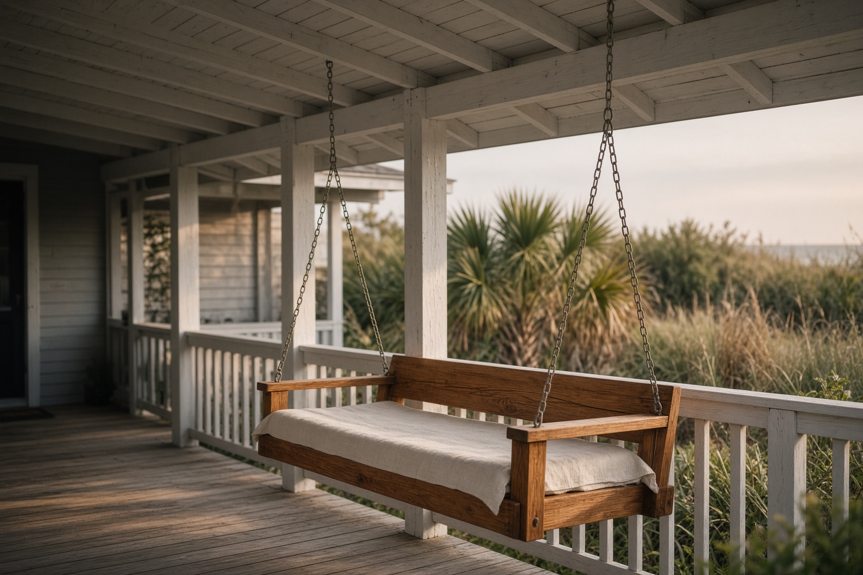 Restored wooden porch swing on a Myrtle Beach cottage