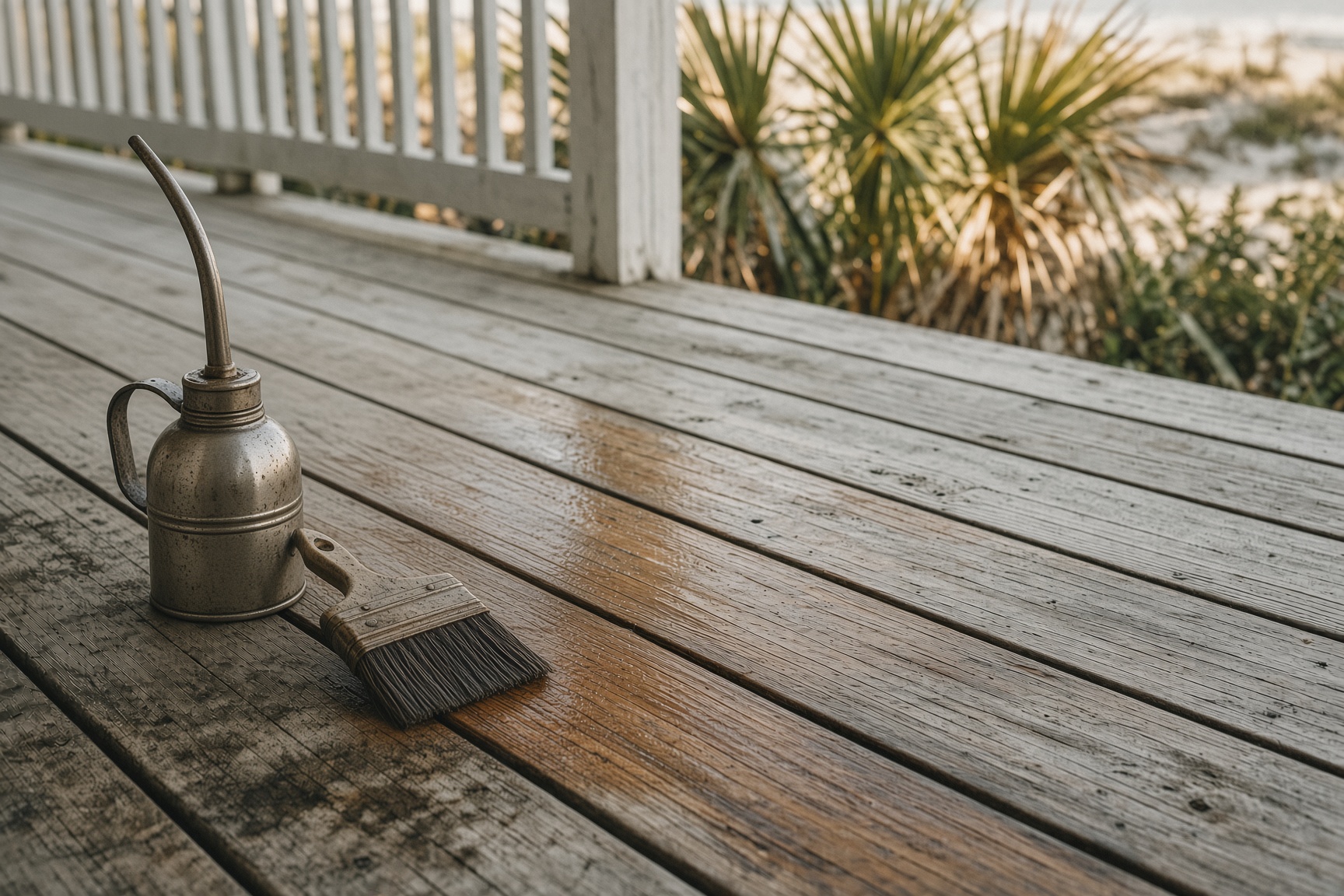 Weathered porch boards with oil and a staining brush